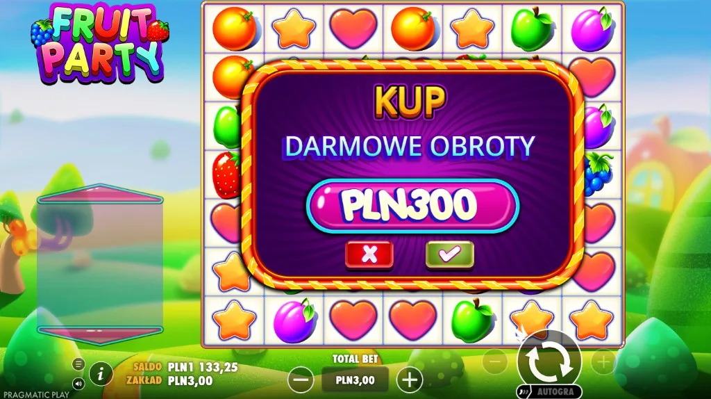 Okno zakupu darmowych obrotów w Fruit Party za 300 zł