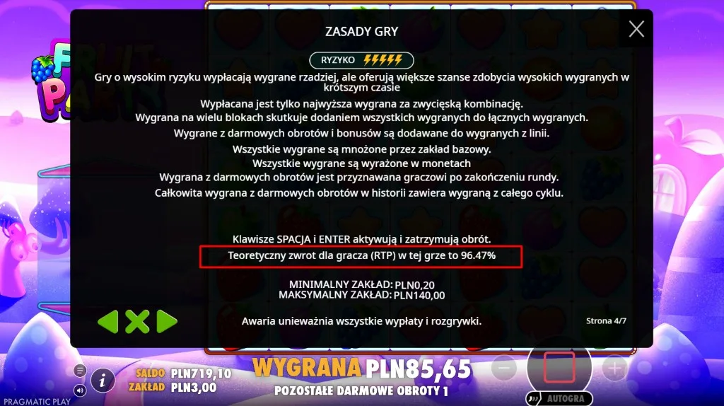 Zasady gry Fruit Party z RTP 96.47% i zakresem zakładu