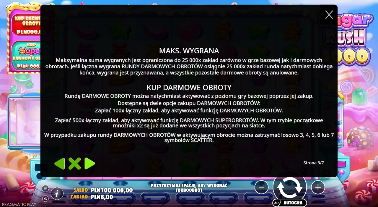 Zasady zakupu bonusu i limit wygranej w Sugar Rush 1000