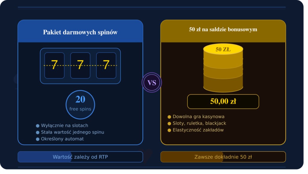 Porównanie pakietu darmowych spinów i 50 zł na saldzie bonusowym